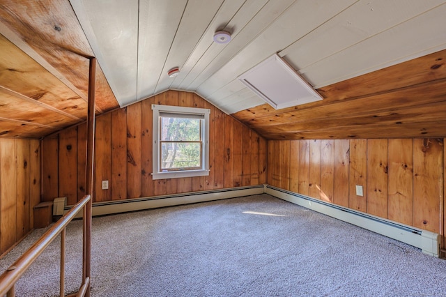 bonus room with lofted ceiling, wooden walls, wooden ceiling, and carpet flooring