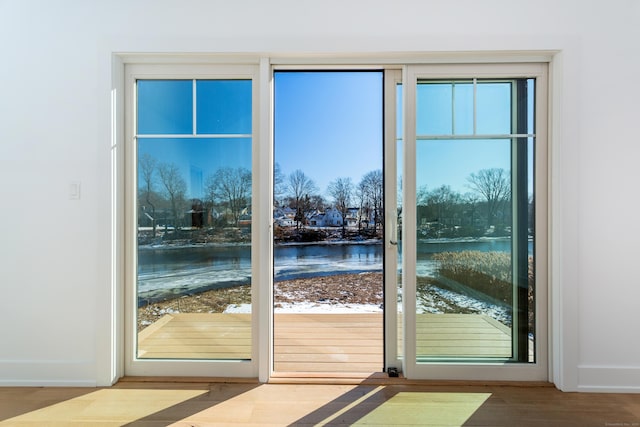 entryway with a water view and hardwood / wood-style flooring