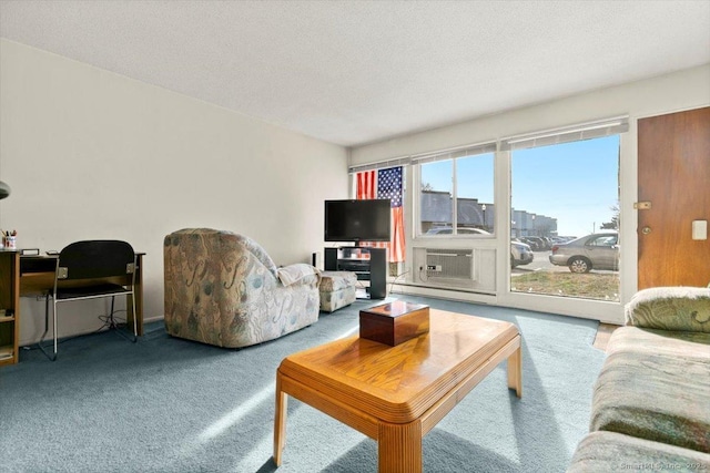 living room featuring carpet and a textured ceiling