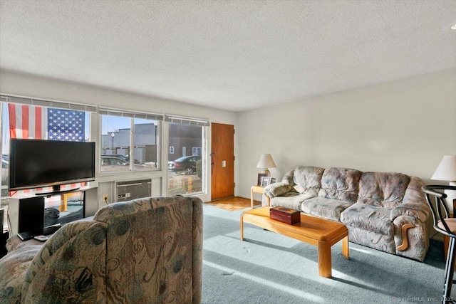 carpeted living room featuring a textured ceiling