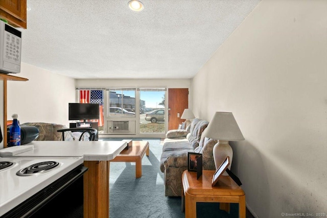 living room featuring carpet flooring and a textured ceiling