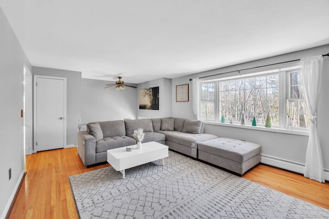 living room featuring hardwood / wood-style flooring, a baseboard radiator, and ceiling fan