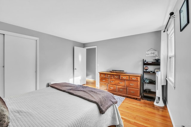 bedroom with hardwood / wood-style flooring and a closet