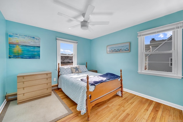 bedroom with hardwood / wood-style flooring and ceiling fan