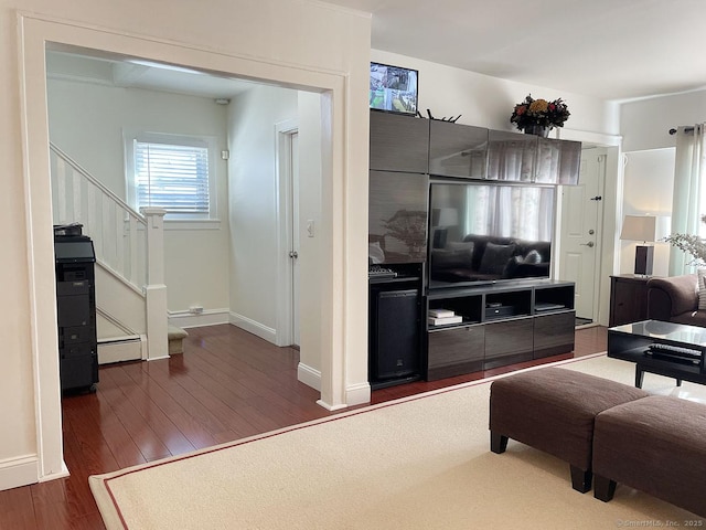 living room featuring dark hardwood / wood-style flooring and a baseboard heating unit