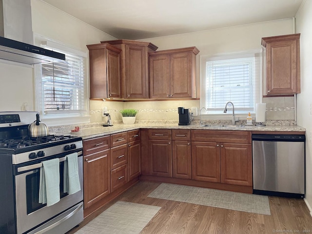 kitchen featuring appliances with stainless steel finishes, sink, island range hood, and light wood-type flooring