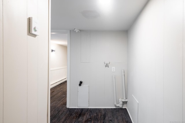 washroom featuring dark wood-type flooring and baseboard heating