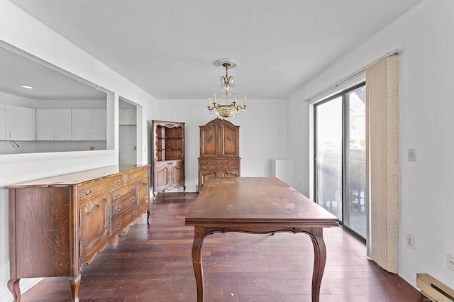 dining area featuring an inviting chandelier, a baseboard radiator, and dark hardwood / wood-style flooring