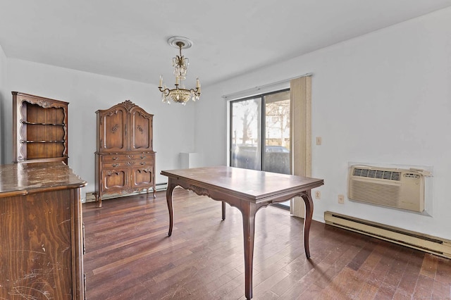 dining area featuring a baseboard radiator, dark hardwood / wood-style floors, a wall mounted AC, and a notable chandelier