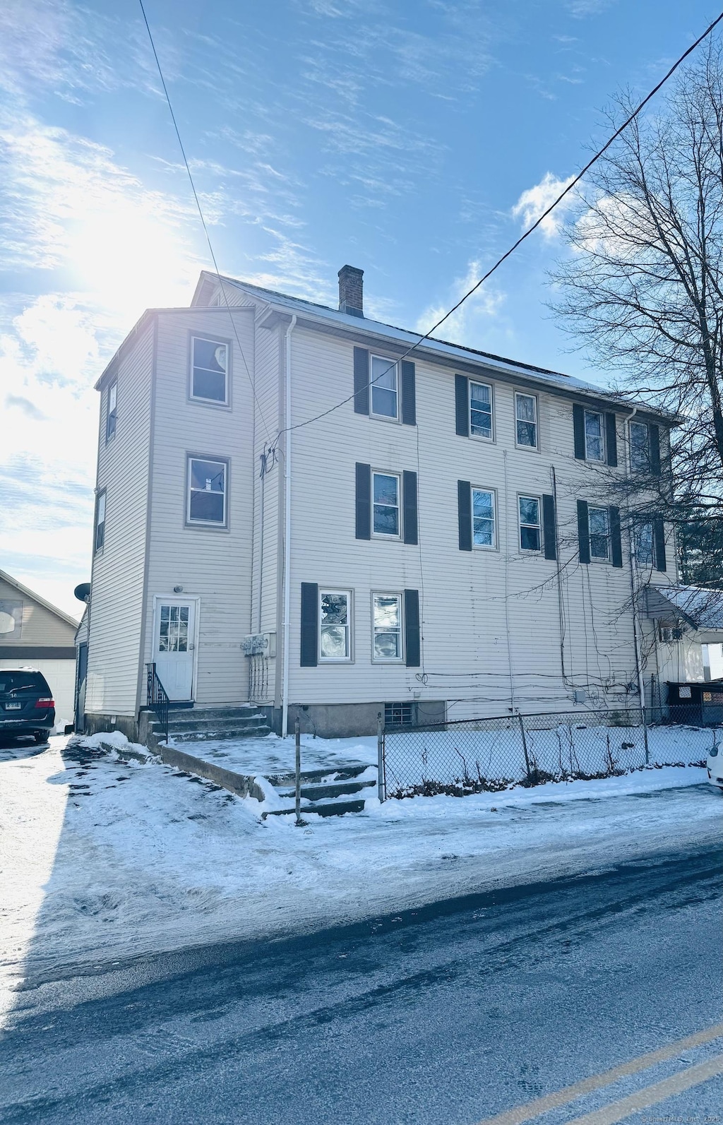 view of snow covered building