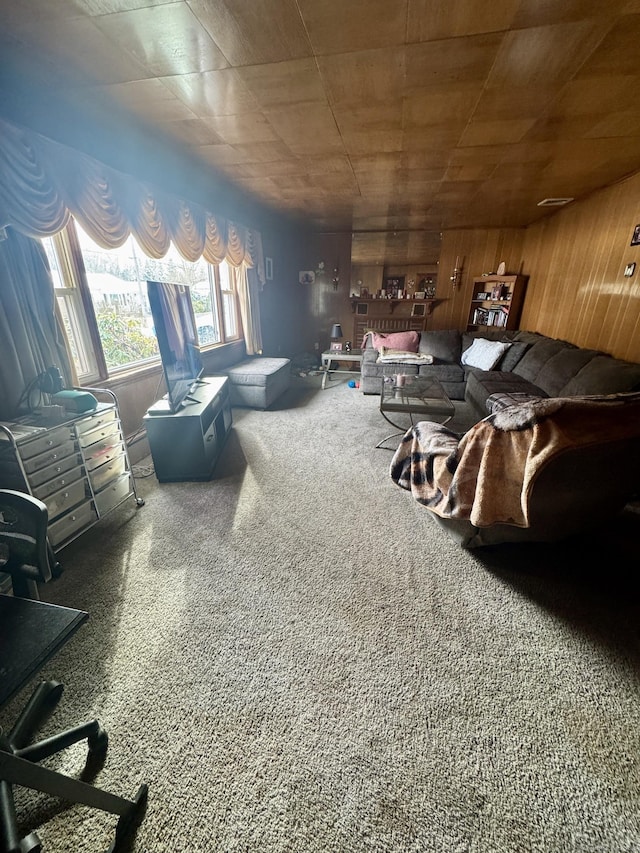 living area featuring wooden walls