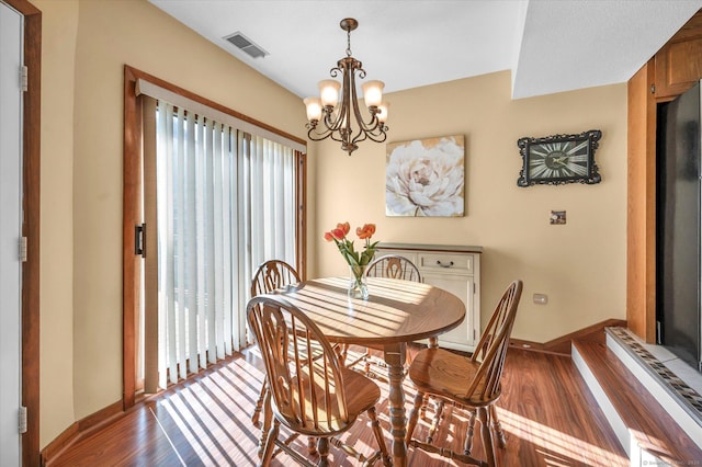 dining room featuring hardwood / wood-style flooring and a notable chandelier