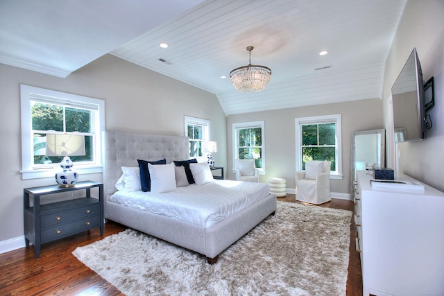 bedroom with lofted ceiling, dark wood-type flooring, wood ceiling, and an inviting chandelier