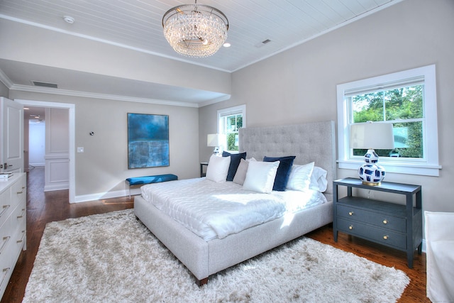 bedroom with wood ceiling, crown molding, dark wood-type flooring, and a chandelier