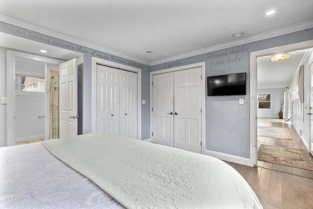 bedroom with multiple closets, ornamental molding, and wood-type flooring