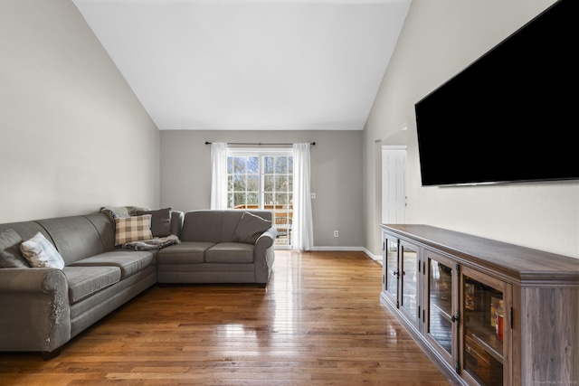 living room featuring wood-type flooring and lofted ceiling