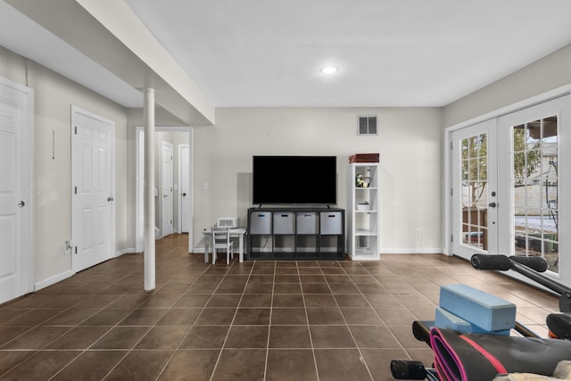 tiled living room with french doors