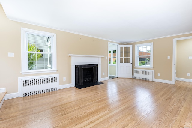 57 Saint James St, West Hartford, CT 06119 - unfurnished living room featuring radiator heating unit, a fireplace, wood finished floors, ornamental molding, and baseboards
