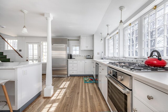 9 Mallory Brook Rd, Washington, CT 06793 - kitchen featuring appliances with stainless steel finishes, light countertops, light wood-type flooring, and decorative light fixtures