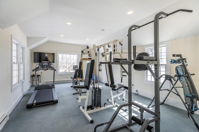 workout area with recessed lighting, baseboard heating, and baseboards