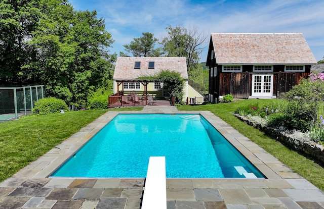 9 Mallory Brook Rd, Washington, CT 06793 - swimming pool with a wooden deck, a diving board, an outdoor structure, an exterior structure, and a yard