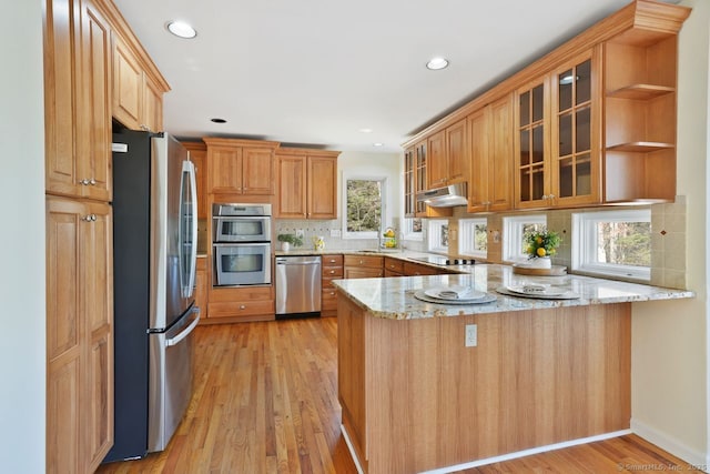 kitchen with under cabinet range hood, decorative backsplash, appliances with stainless steel finishes, a peninsula, and light wood-style floors