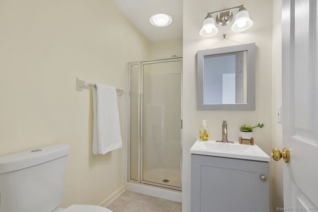 full bath featuring tile patterned floors, a shower stall, toilet, and vanity