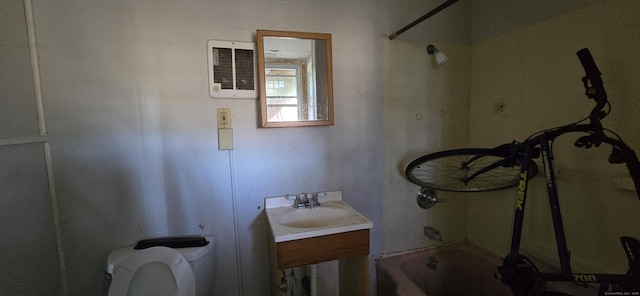 full bathroom featuring vanity, tub / shower combination, and toilet