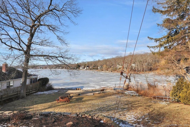 view of yard with a water view