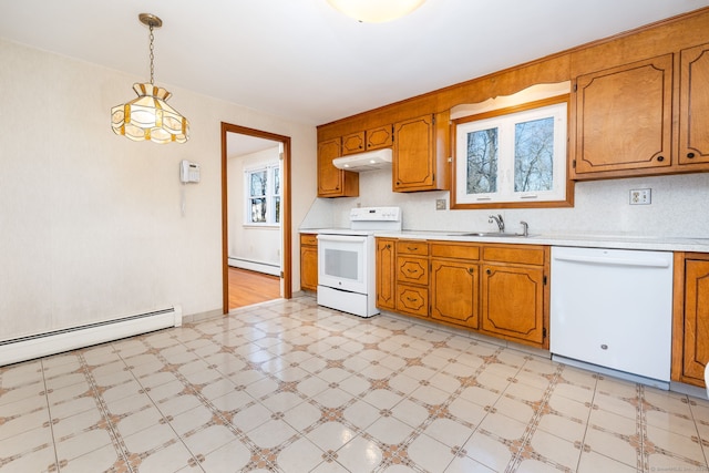 kitchen featuring sink, tasteful backsplash, decorative light fixtures, a baseboard radiator, and white appliances