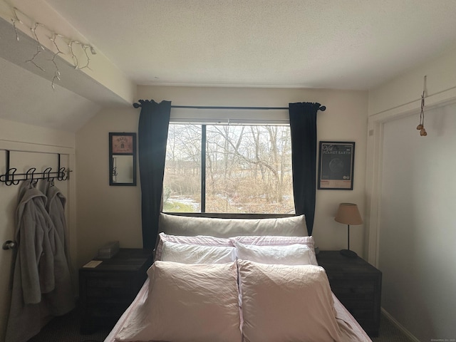 bedroom with lofted ceiling and a textured ceiling