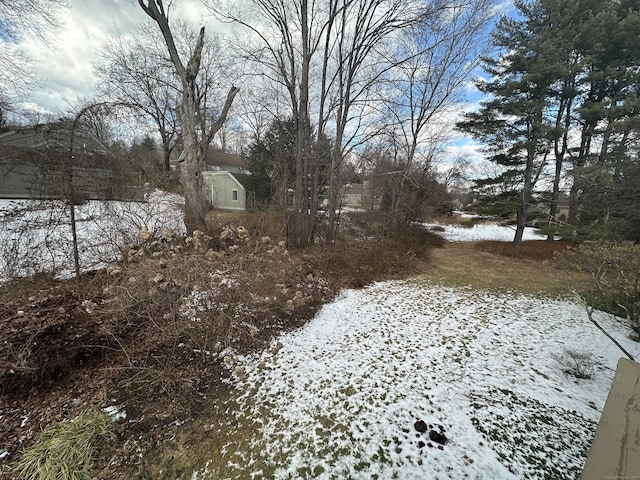 view of yard layered in snow