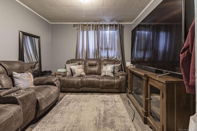 living room with crown molding and hardwood / wood-style flooring