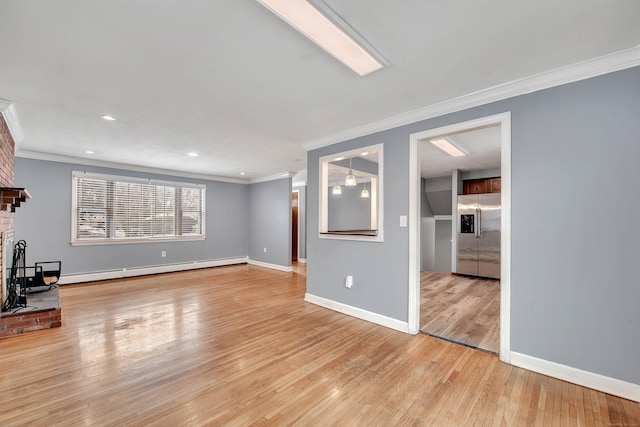 unfurnished living room featuring ornamental molding, light hardwood / wood-style floors, a brick fireplace, and a baseboard heating unit