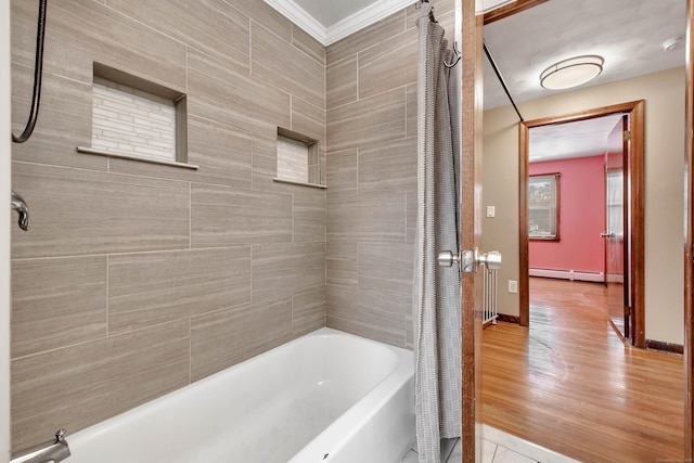 bathroom with crown molding, wood-type flooring, shower / tub combo, and a baseboard heating unit