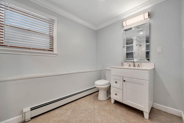 bathroom with vanity, crown molding, a baseboard radiator, and tile patterned floors