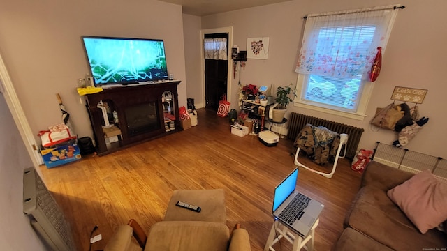 living room with hardwood / wood-style flooring and radiator