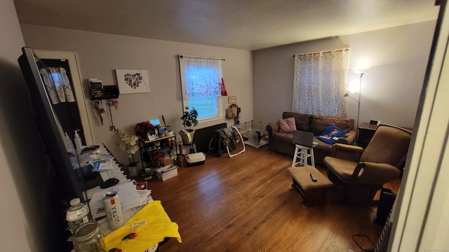 sitting room with hardwood / wood-style flooring and radiator heating unit