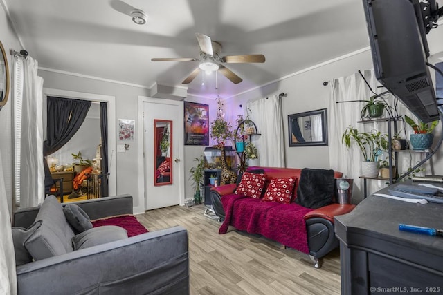 living room featuring ornamental molding, ceiling fan, and light hardwood / wood-style flooring