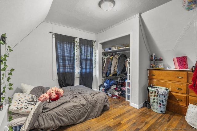 bedroom with vaulted ceiling, dark hardwood / wood-style floors, and a closet