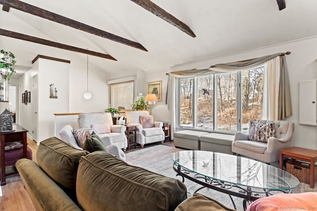 living room featuring hardwood / wood-style floors and lofted ceiling with beams