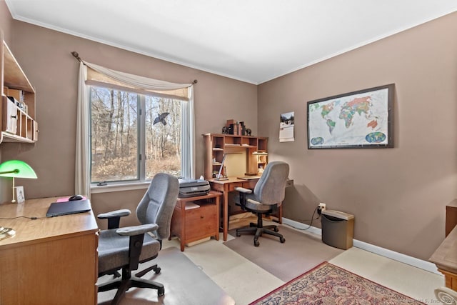 carpeted office space featuring ornamental molding