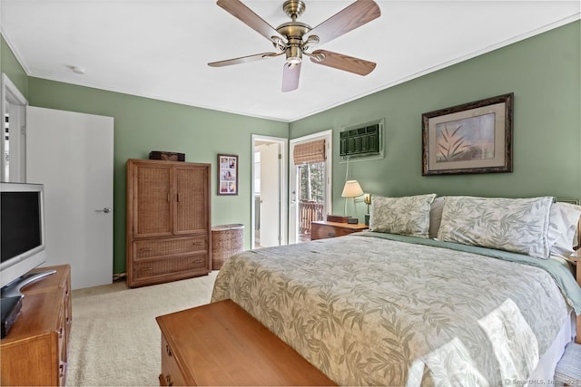 bedroom featuring light carpet, ornamental molding, a wall unit AC, and ceiling fan