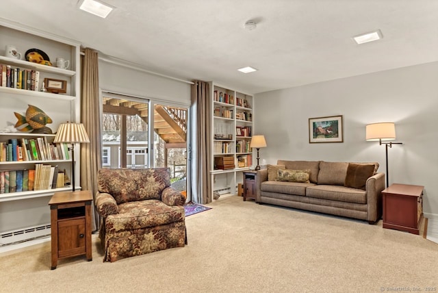 living area with light colored carpet and a baseboard heating unit