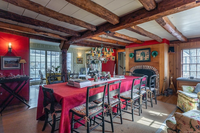 dining area with beamed ceiling, wooden walls, and wood finished floors