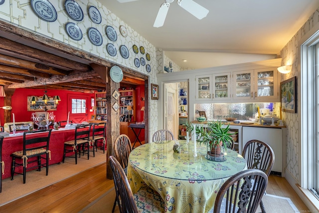 8 Mudgetown Rd, Sharon, CT 06069 - dining room with hardwood / wood-style floors, wallpapered walls, vaulted ceiling, a ceiling fan, and wine cooler