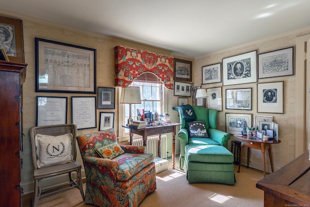 living area with carpet floors, radiator, and ornamental molding