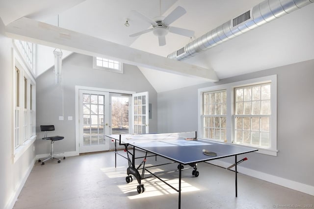 recreation room with high vaulted ceiling, french doors, and ceiling fan