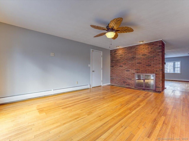 unfurnished living room featuring ceiling fan, a brick fireplace, baseboard heating, and light hardwood / wood-style flooring