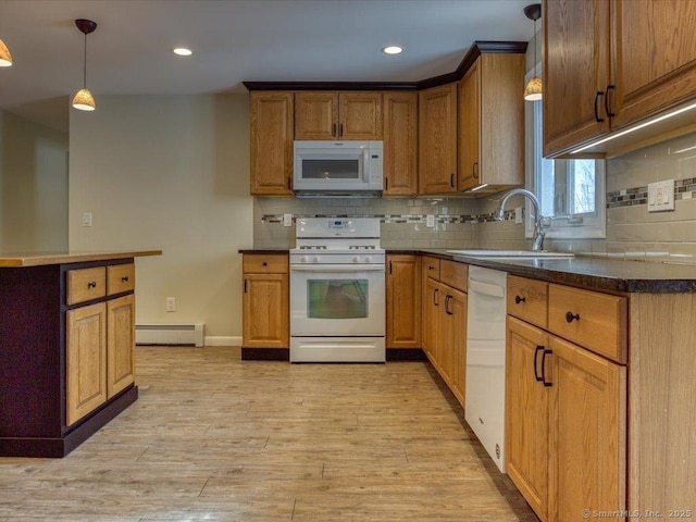 kitchen featuring hanging light fixtures, light hardwood / wood-style flooring, white appliances, and baseboard heating